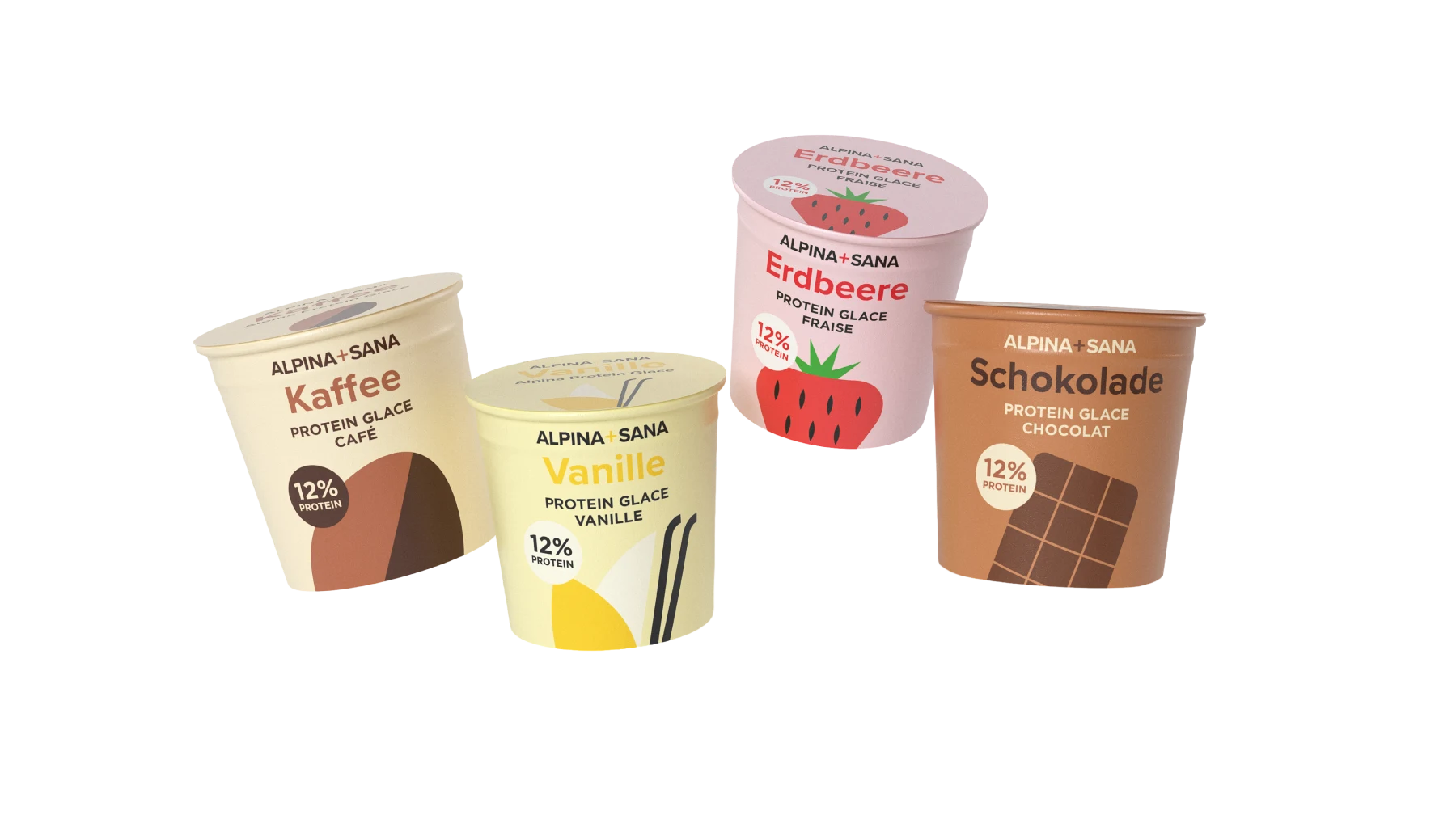 ALPINA+SANA Protein Glace in vier Sorten: Schokolade, Erdbeere, Vanille und Kaffee